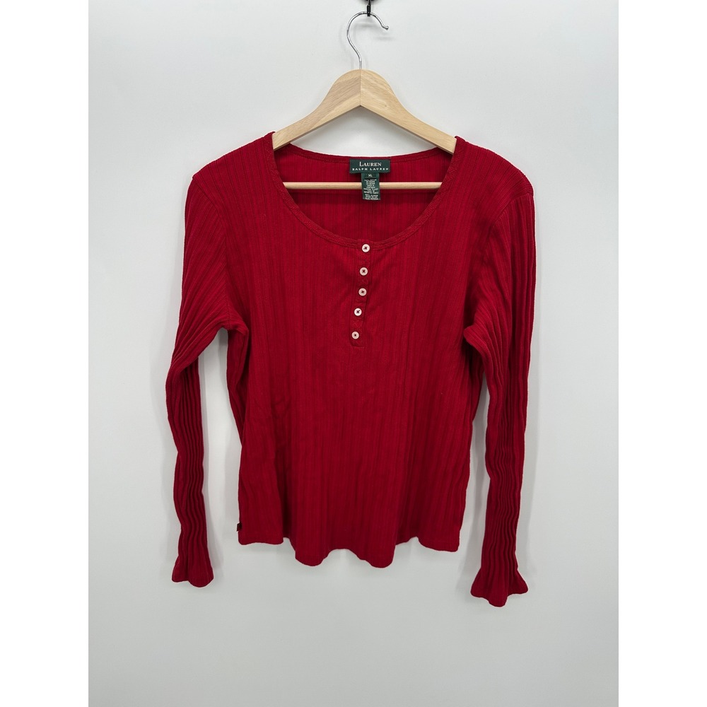 Lauren Ralph Lauren Red Ribbed Cotton Henley Long Sleeve Top Womens XL Western